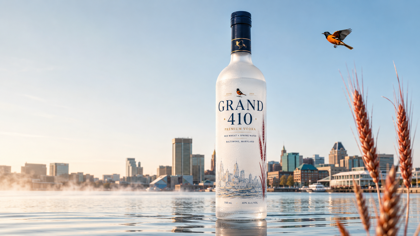 GRAND 410 vodka bottle on the Baltimore harbor at sunrise