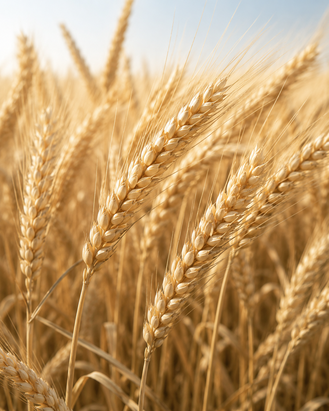 Close-up of soft white winter wheat stalks in warm natural light